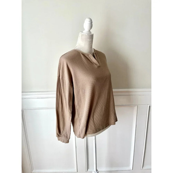 Ekouar New Split Neck Waffle Top Long Sleeve M Tan - Picture 2 of 5